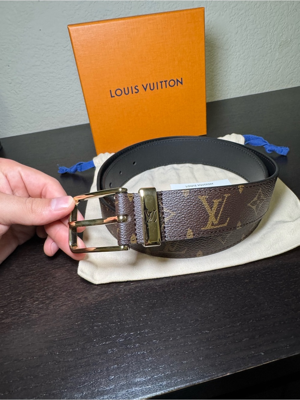 Louis Vuitton Brown Monogram Canvas Belt with Gold Buckle